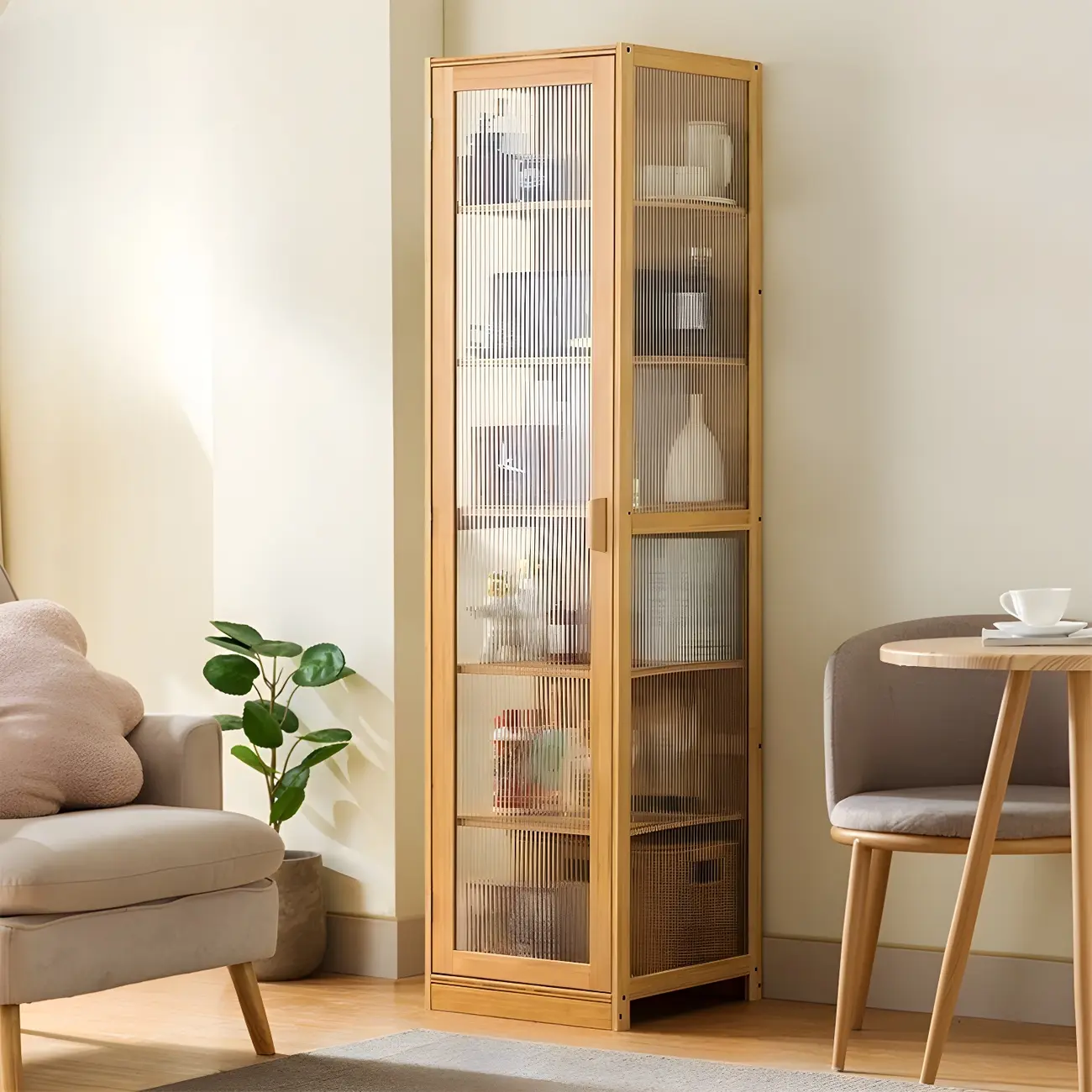 Narrow Adjustable Scandinavian Bamboo Glass Curio Cabinet Image - 15 | homeyfad
