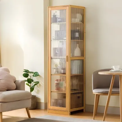 Narrow Adjustable Scandinavian Bamboo Glass Curio Cabinet Image - 15