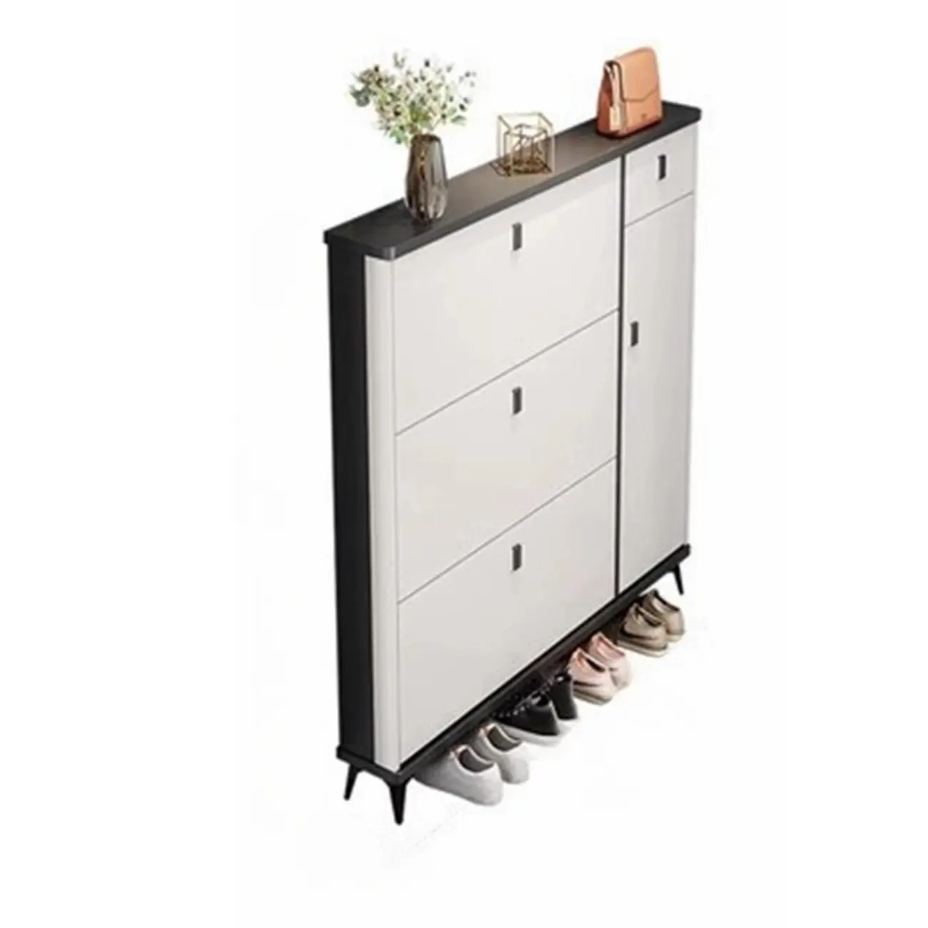 Narrow Black-White Solid Wood Drop Front Shoe Cabinet Image - 3 | homeyfad