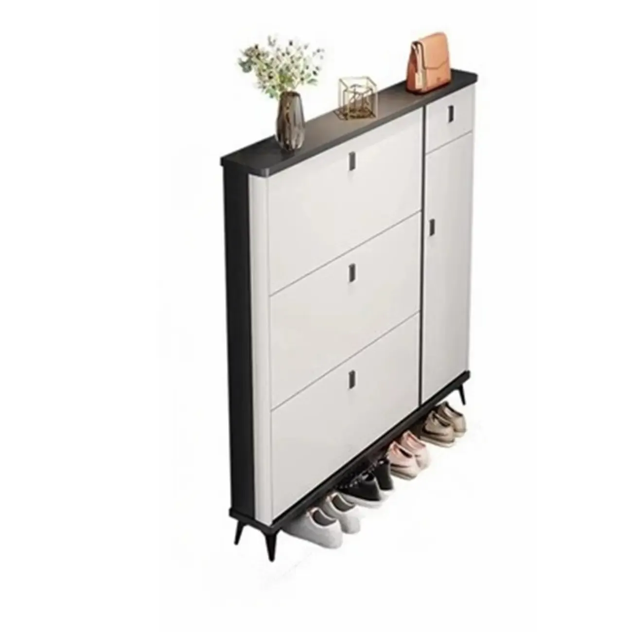 Narrow Black-White Solid Wood Drop Front Shoe Cabinet Image - 3