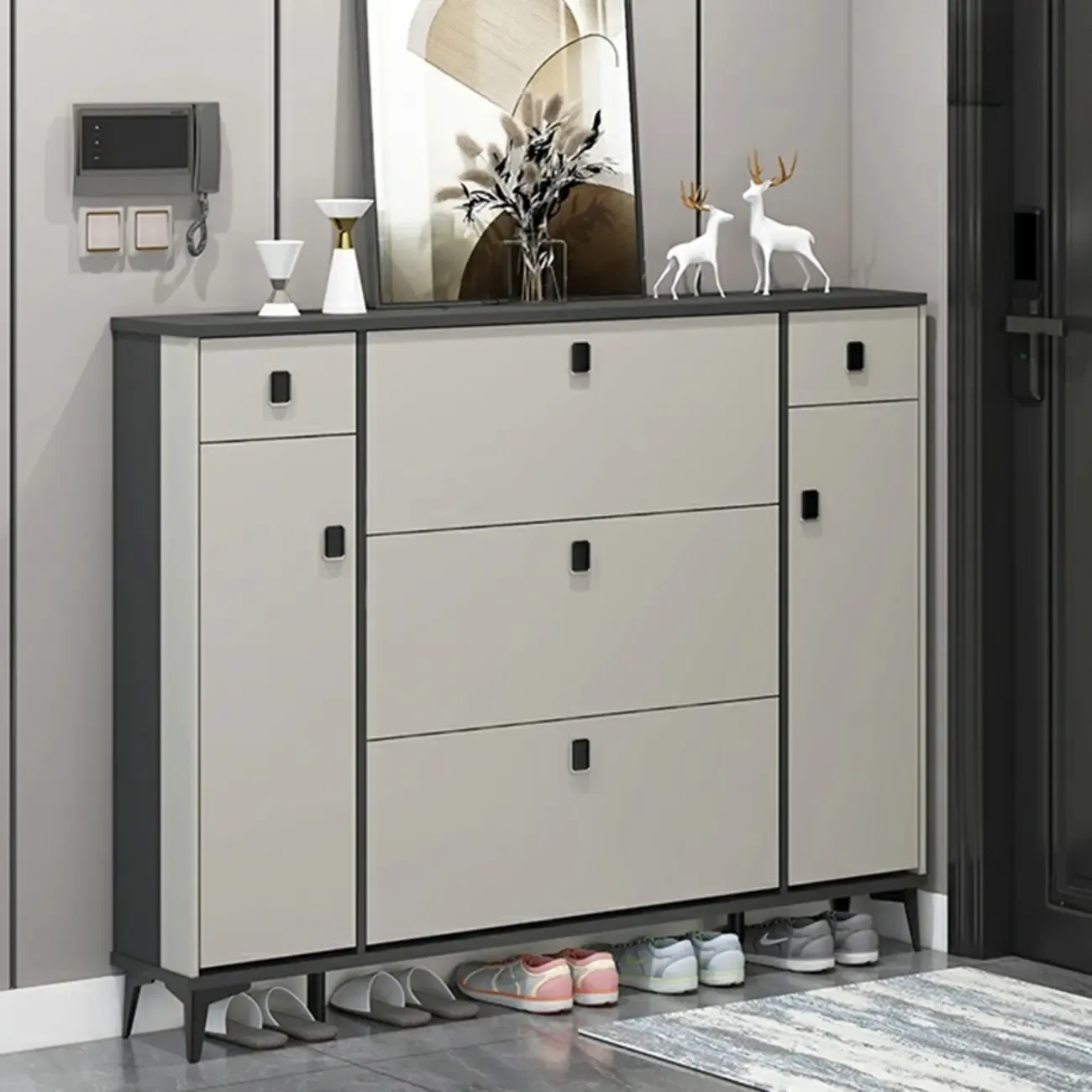 Narrow Black-White Solid Wood Drop Front Shoe Cabinet Image - 5