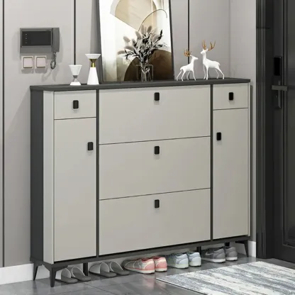 Narrow Black-White Solid Wood Drop Front Shoe Cabinet Image - 5