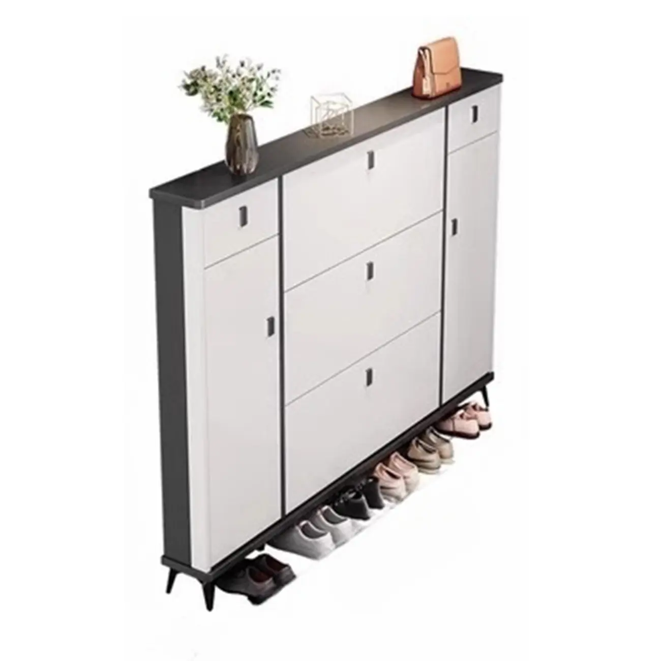 Narrow Black-White Solid Wood Drop Front Shoe Cabinet Image - 7 | homeyfad