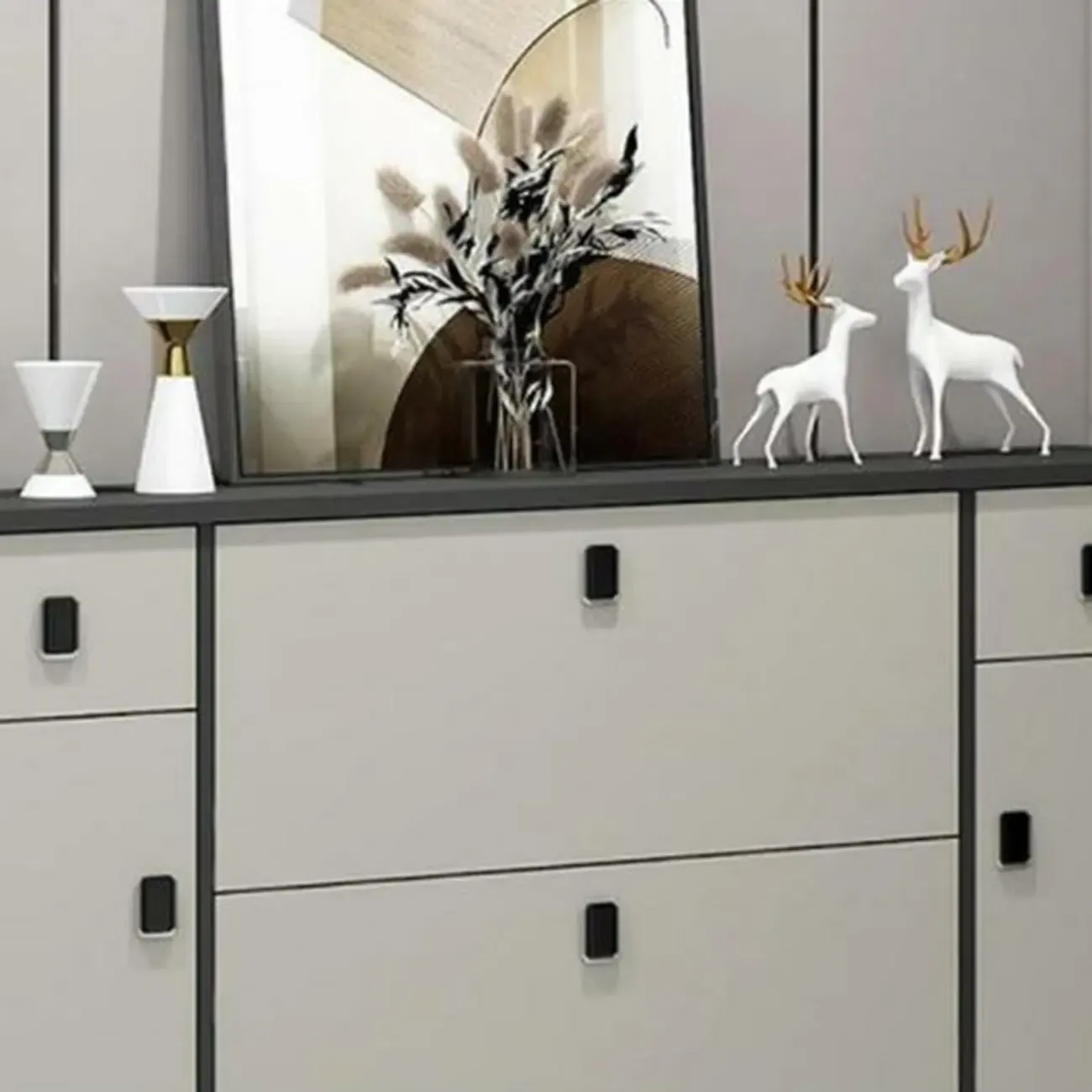 Narrow Black-White Solid Wood Drop Front Shoe Cabinet Image - 8