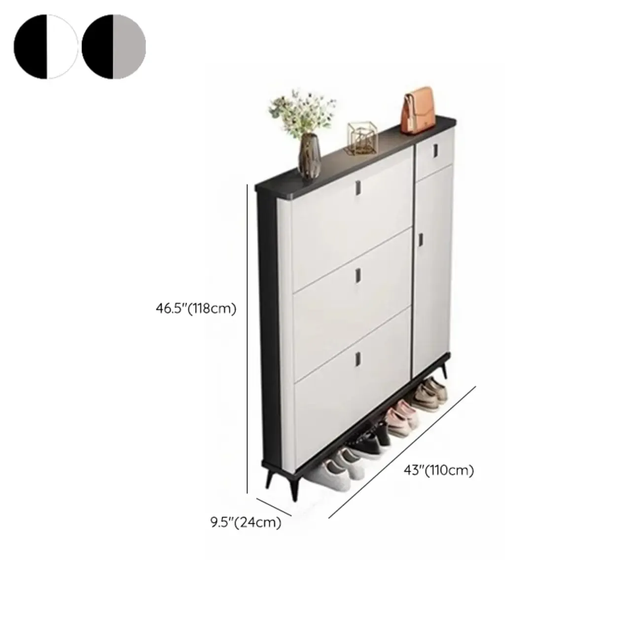 Narrow Black-White Solid Wood Drop Front Shoe Cabinet Image - 20