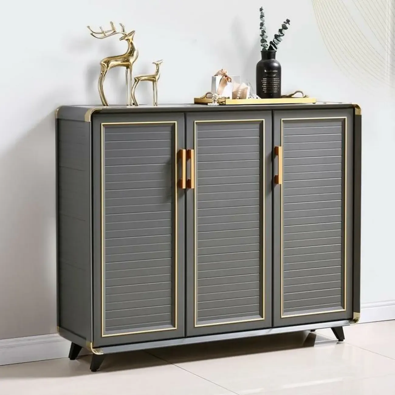 Luxury Grey Metal Entryway Shoe Cabinet with Gold Trim Image - 1