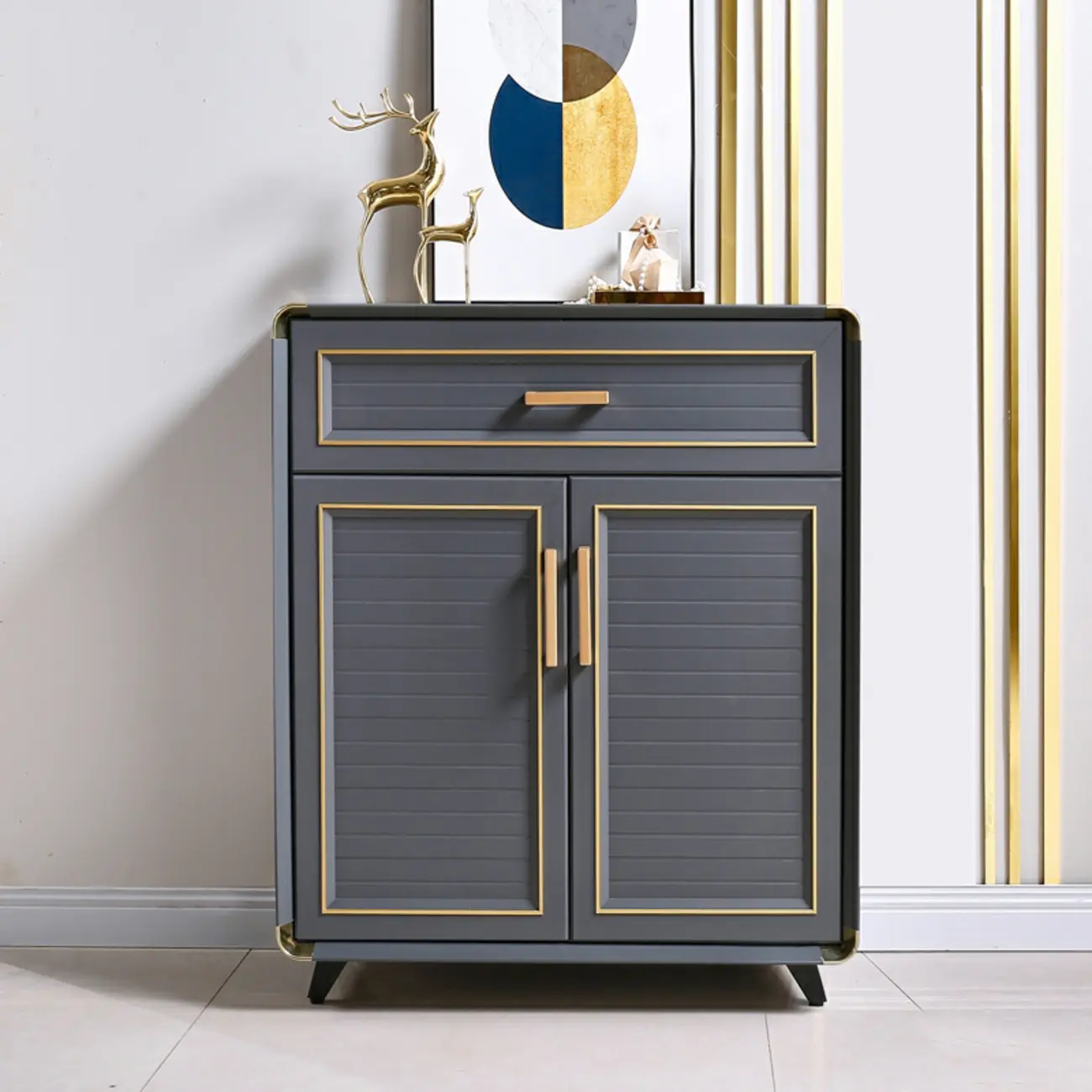 Luxury Grey Metal Entryway Shoe Cabinet with Gold Trim Image - 7 | homeyfad