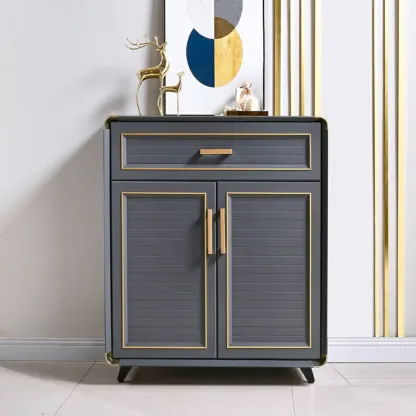 Luxury Grey Metal Entryway Shoe Cabinet with Gold Trim Image - 7