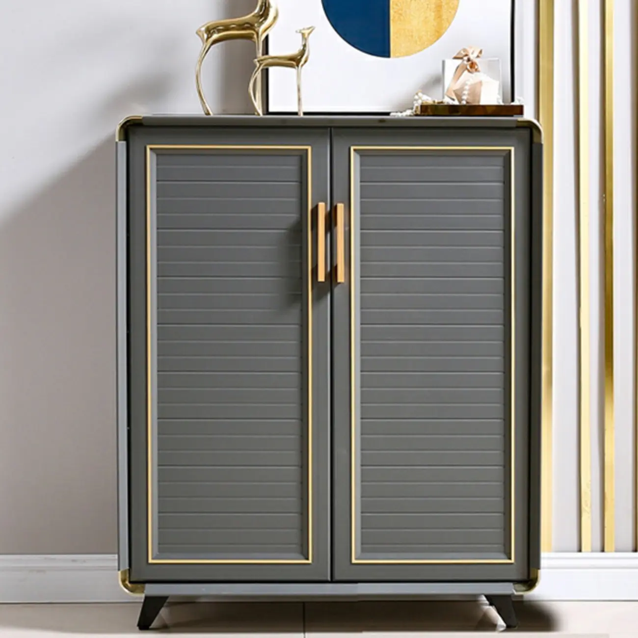 Luxury Grey Metal Entryway Shoe Cabinet with Gold Trim Image - 3 | homeyfad
