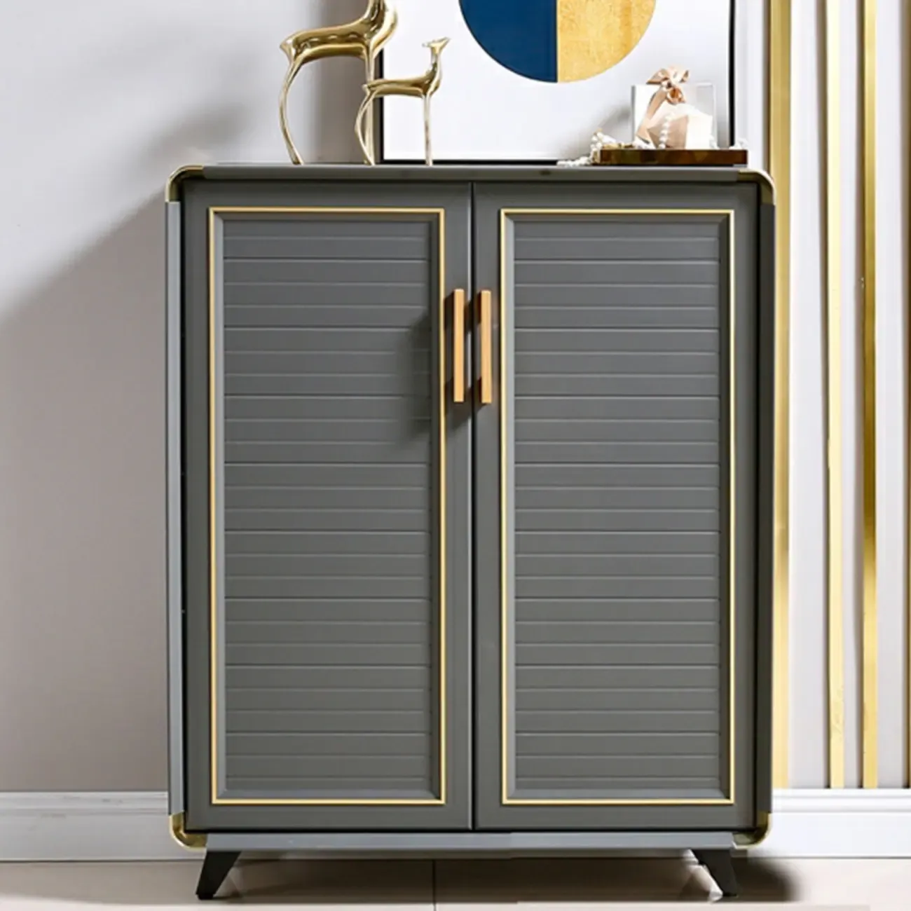 Luxury Grey Metal Entryway Shoe Cabinet with Gold Trim Image - 3