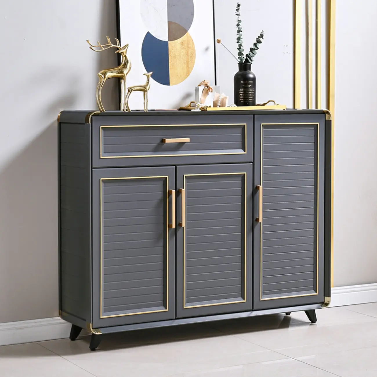 Luxury Grey Metal Entryway Shoe Cabinet with Gold Trim Image - 9 | homeyfad