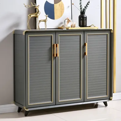 Luxury Grey Metal Entryway Shoe Cabinet with Gold Trim Image - 4