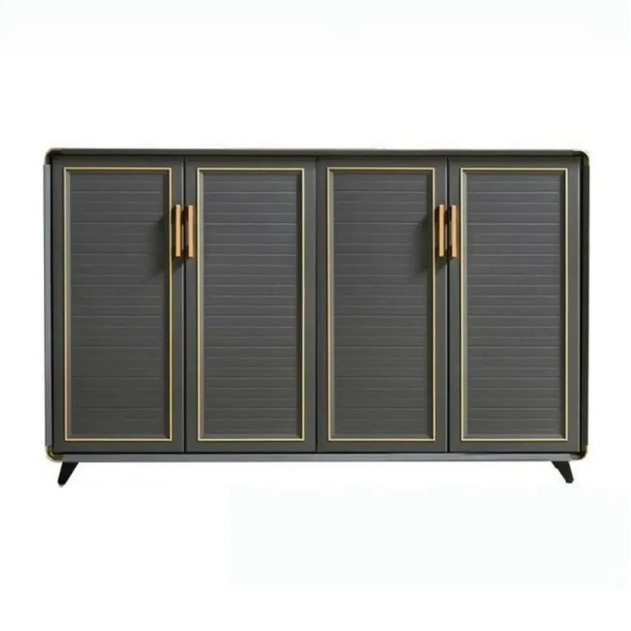 Luxury Grey Metal Entryway Shoe Cabinet with Gold Trim Image - 12
