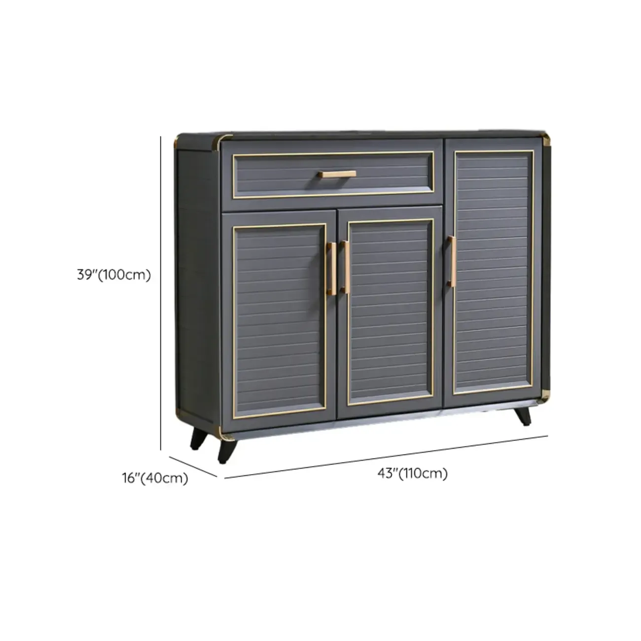 Luxury Grey Metal Entryway Shoe Cabinet with Gold Trim Image - 23