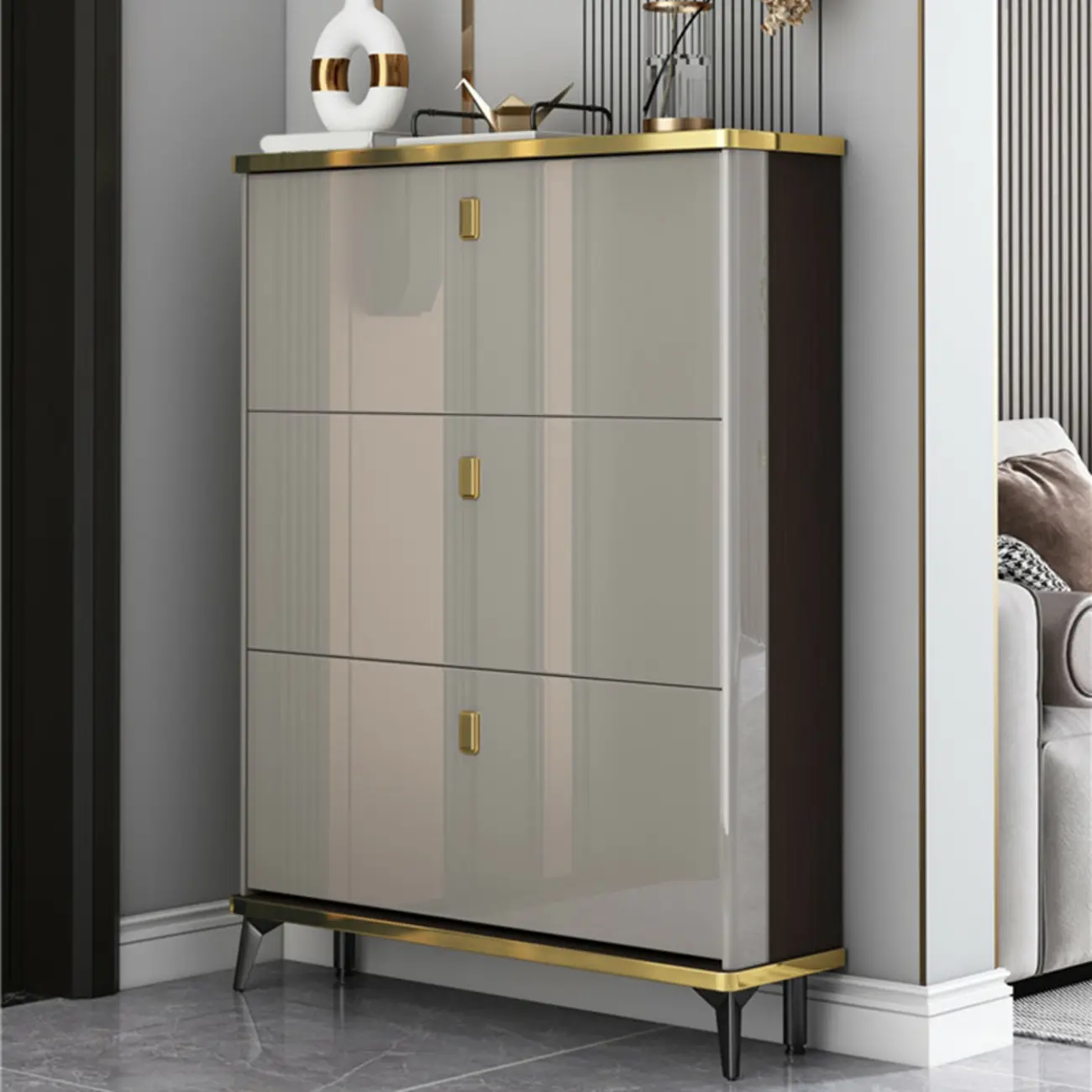 Grey Wooden Drop Front Shoe Cabinet for Entryway Image - 3 | homeyfad