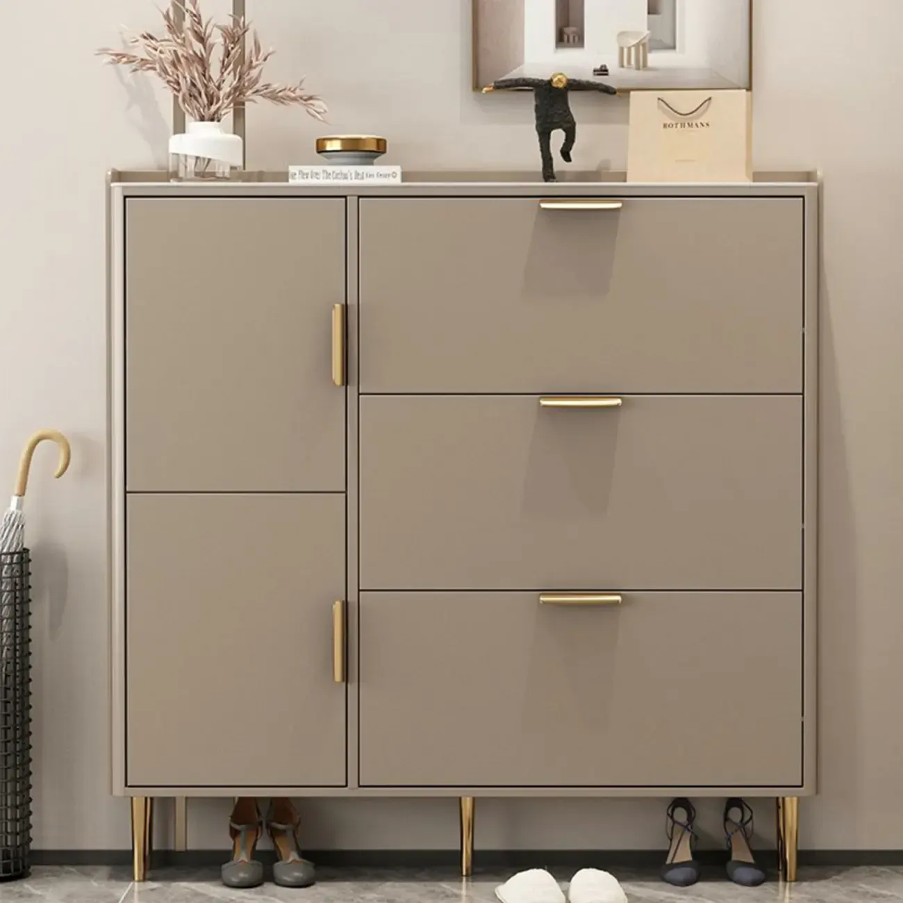 Wooden Drop Front Shoe Cabinet with Metal Legs Image - 4