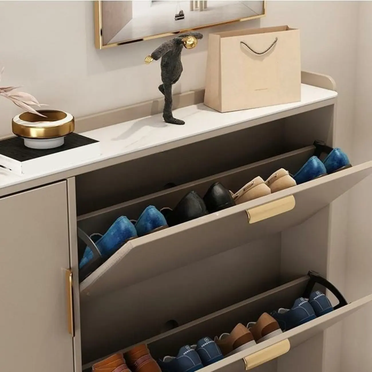 Wooden Drop Front Shoe Cabinet with Metal Legs Image - 8 | homeyfad