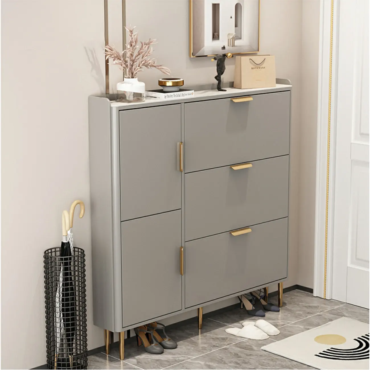 Wooden Drop Front Shoe Cabinet with Metal Legs Image - 2 | homeyfad