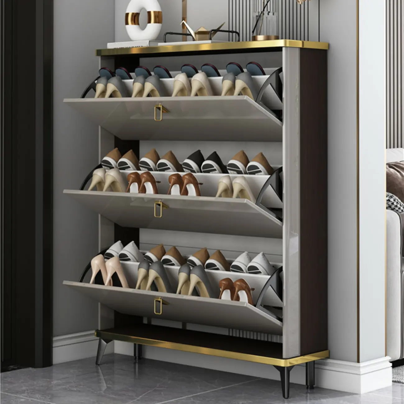 Grey Wooden Drop Front Shoe Cabinet for Entryway Image - 2 | homeyfad