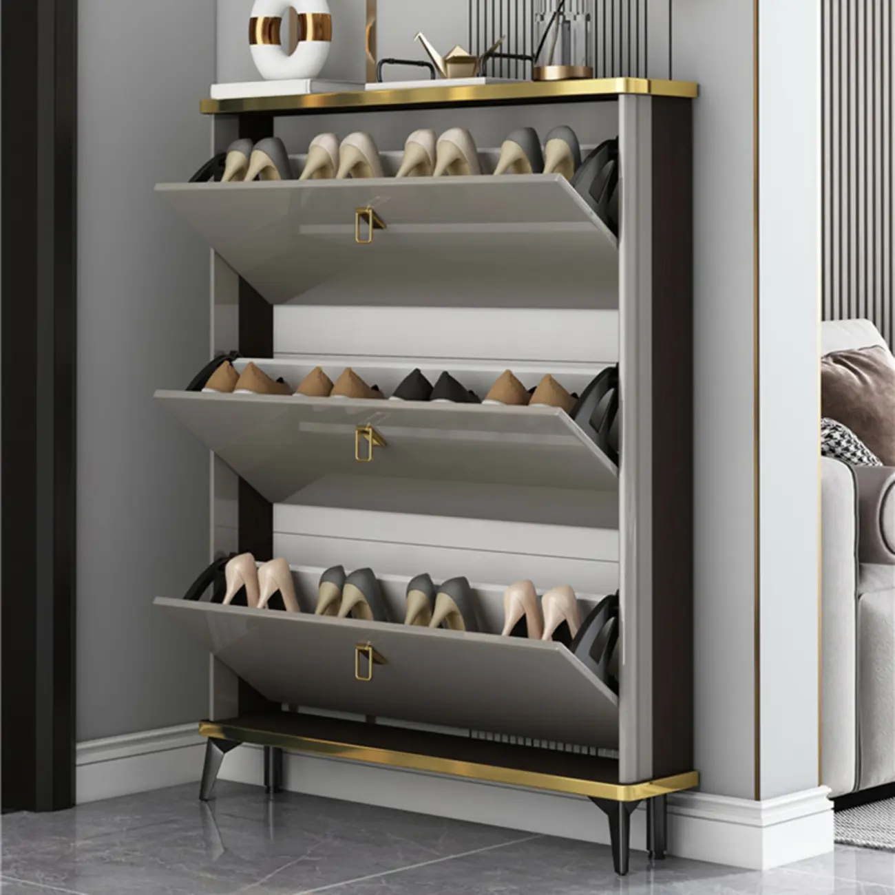 Grey Wooden Drop Front Shoe Cabinet for Entryway Image - 4 | homeyfad