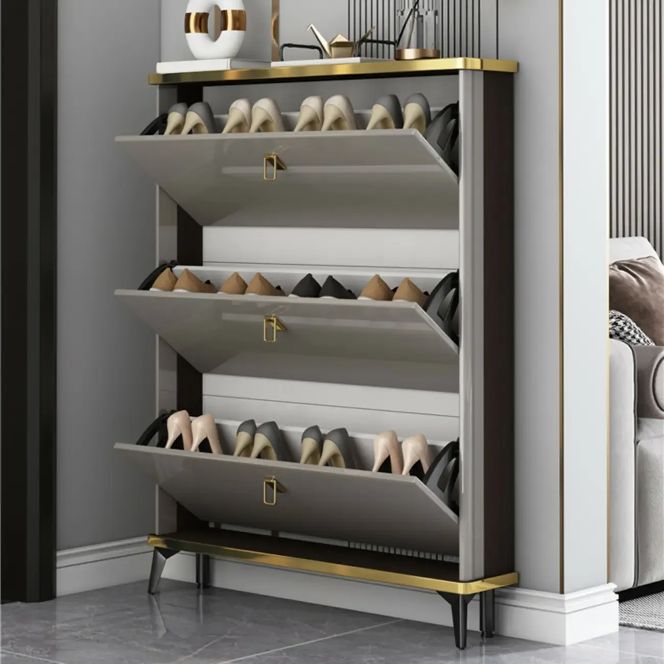 Grey Wooden Drop Front Shoe Cabinet for Entryway Image - 4