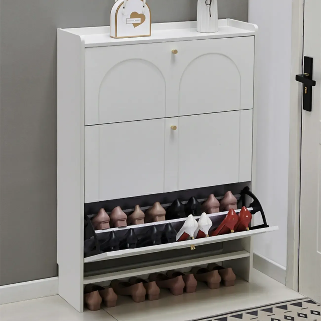 White Wooden Drop Front Shoe Cabinet for Entryway Image - 1