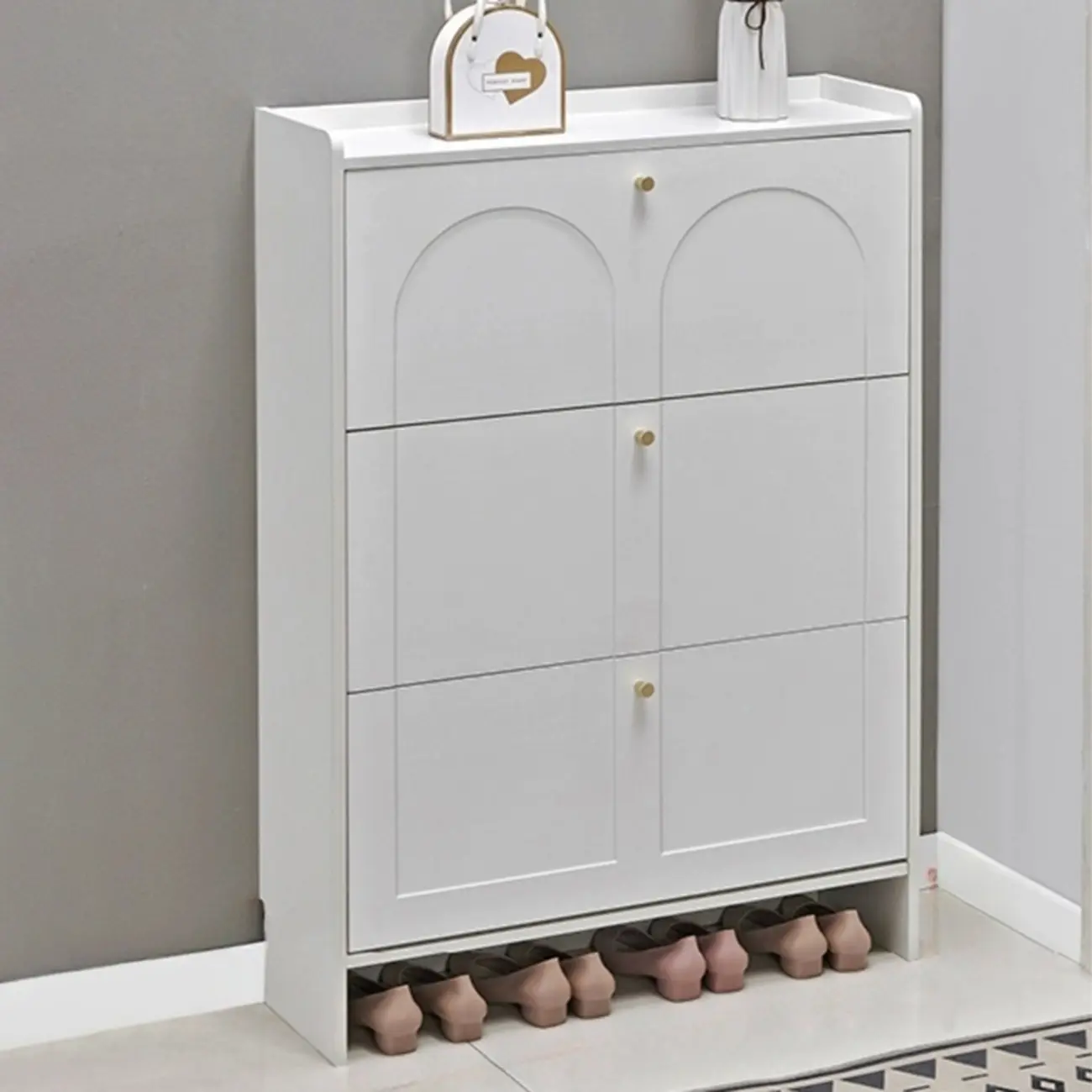 White Wooden Drop Front Shoe Cabinet for Entryway Image - 3 | homeyfad