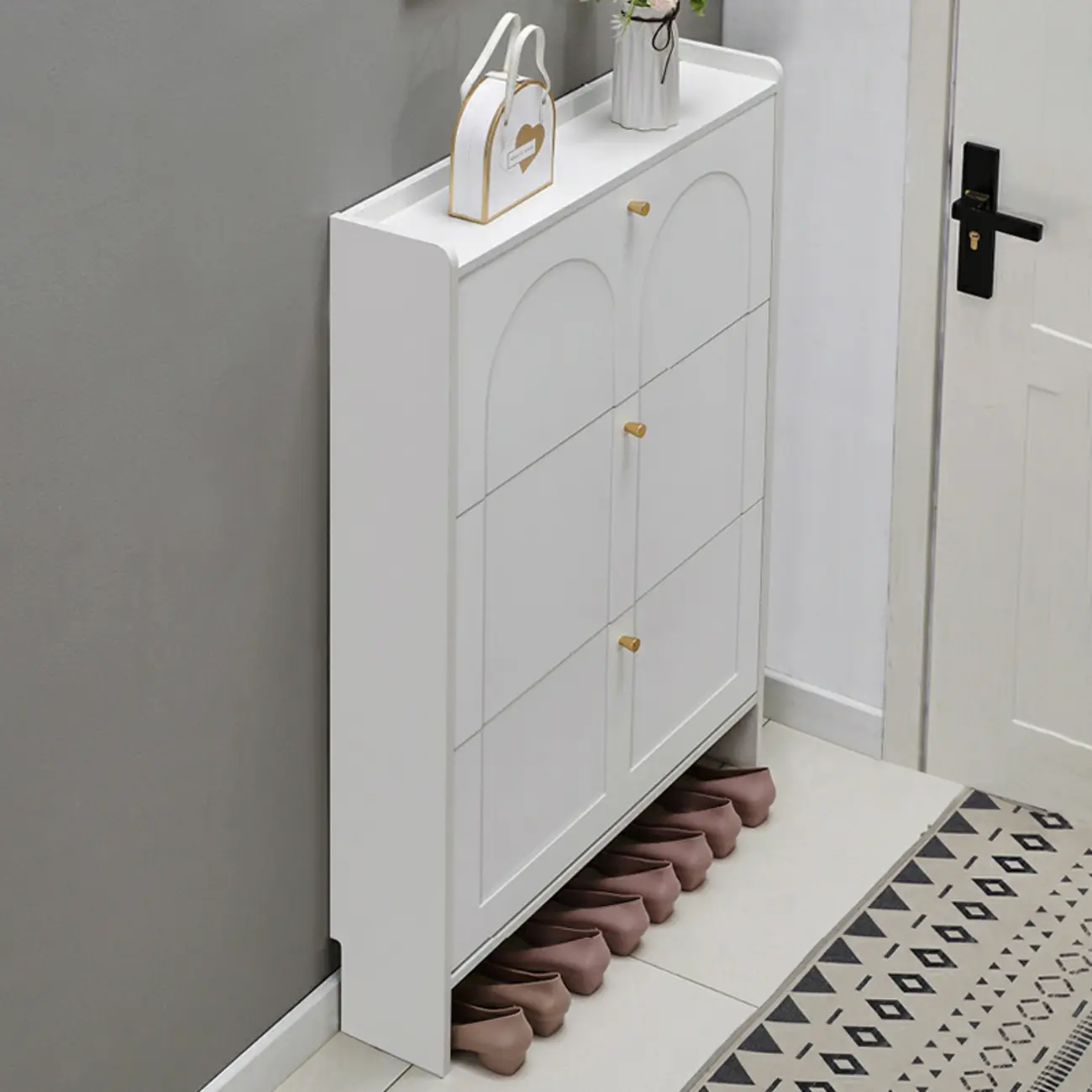 White Wooden Drop Front Shoe Cabinet for Entryway Image - 4 | homeyfad