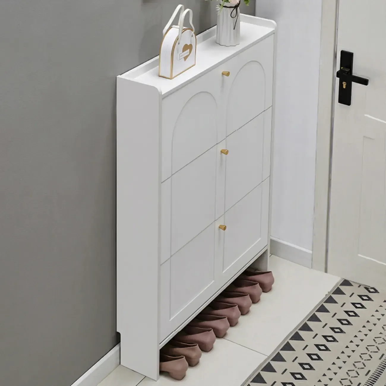 White Wooden Drop Front Shoe Cabinet for Entryway Image - 4
