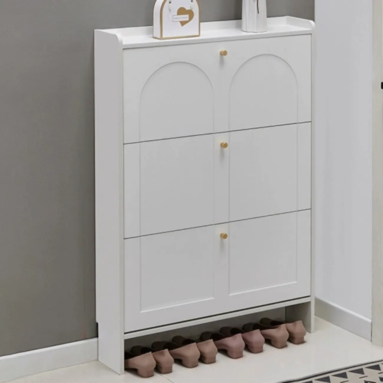 White Wooden Drop Front Shoe Cabinet for Entryway Image - 5 | homeyfad