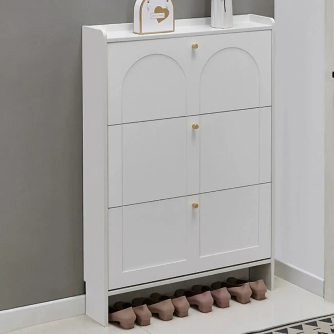 White Wooden Drop Front Shoe Cabinet for Entryway Image - 5