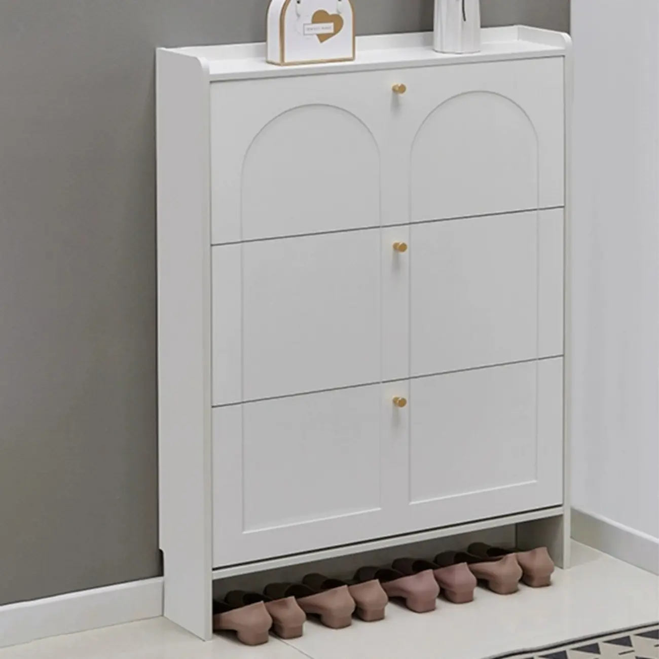 White Wooden Drop Front Shoe Cabinet for Entryway Image - 7 | homeyfad