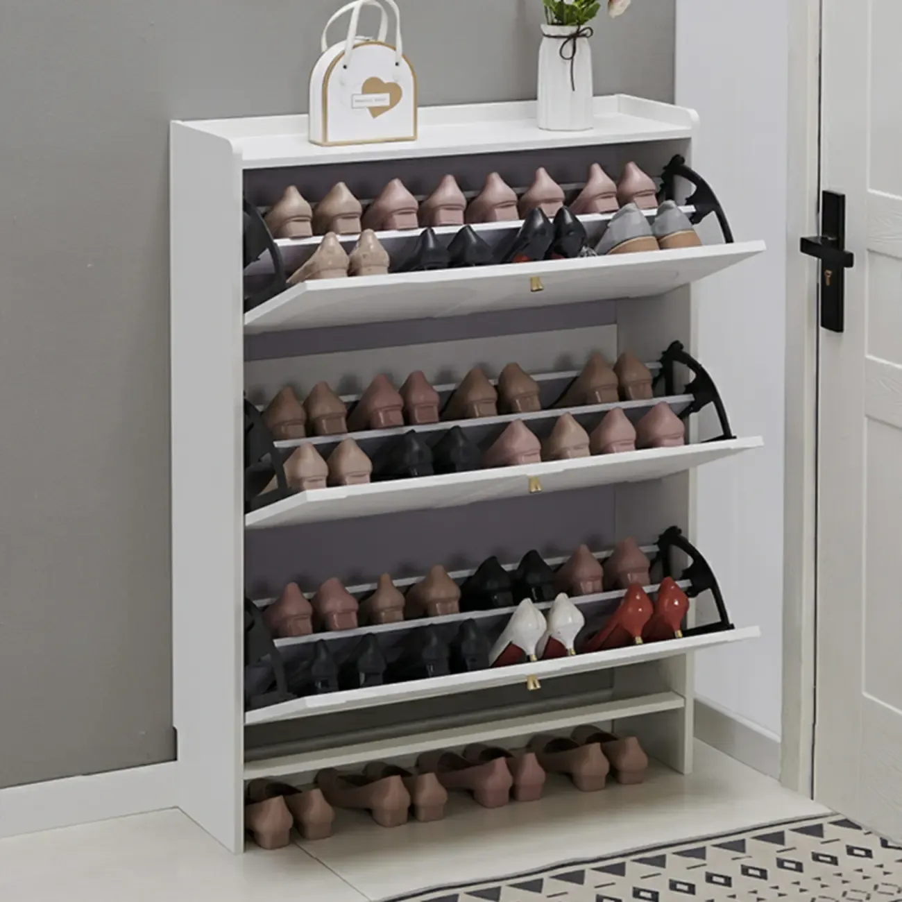 White Wooden Drop Front Shoe Cabinet for Entryway Image - 8