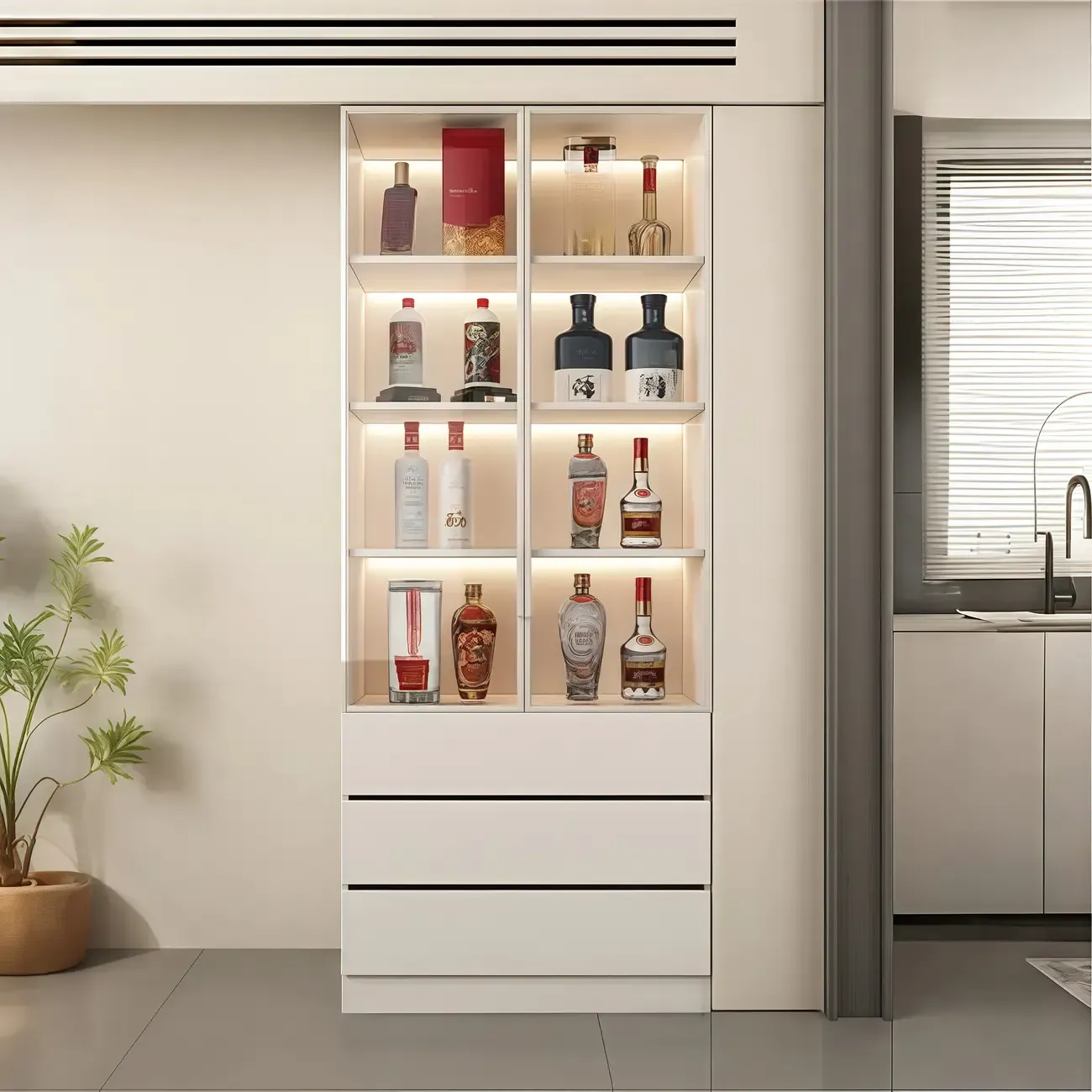 White Modern Large Wood Wine Cabinet with Glass Doors Image - 3