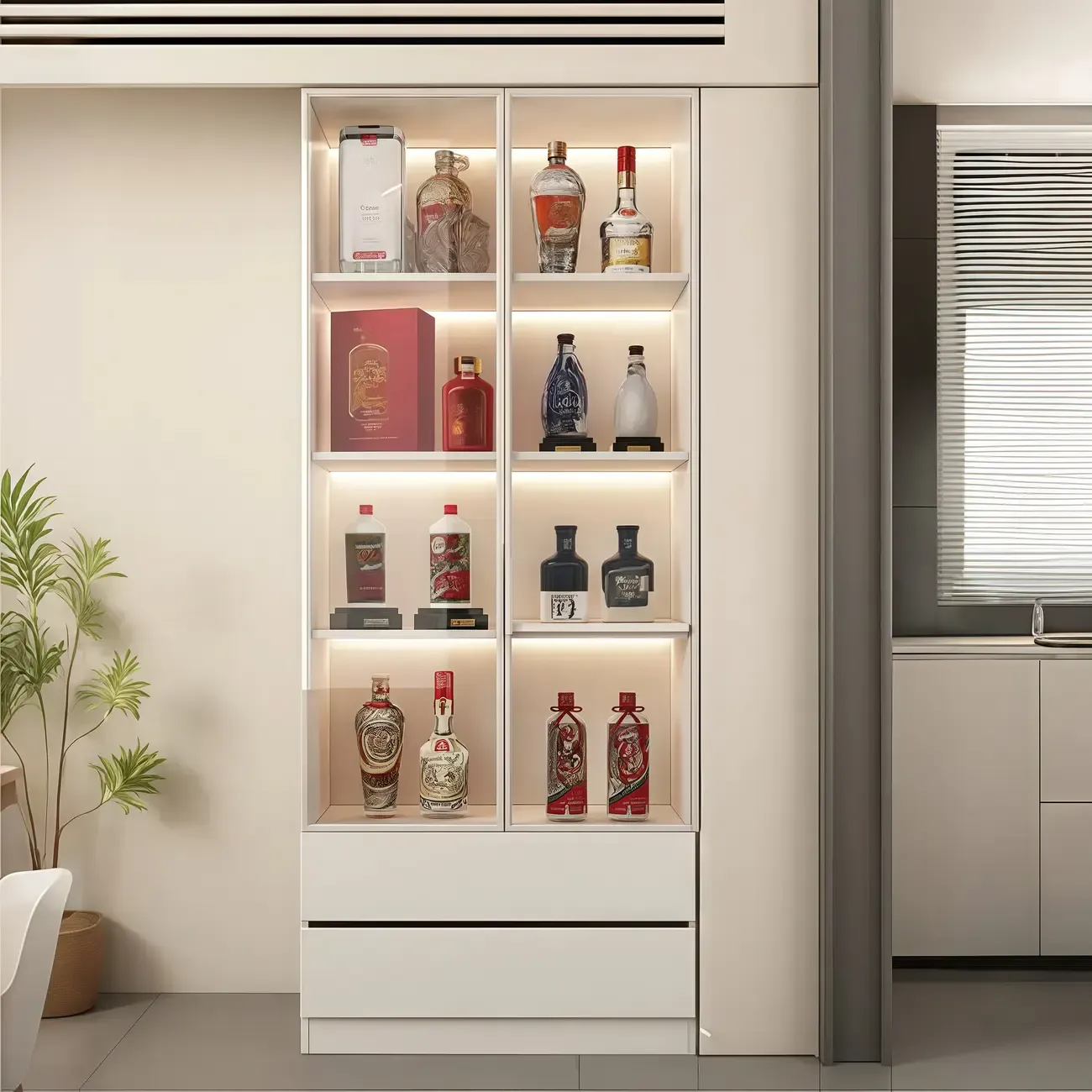 White Modern Large Wood Wine Cabinet with Glass Doors Image - 2