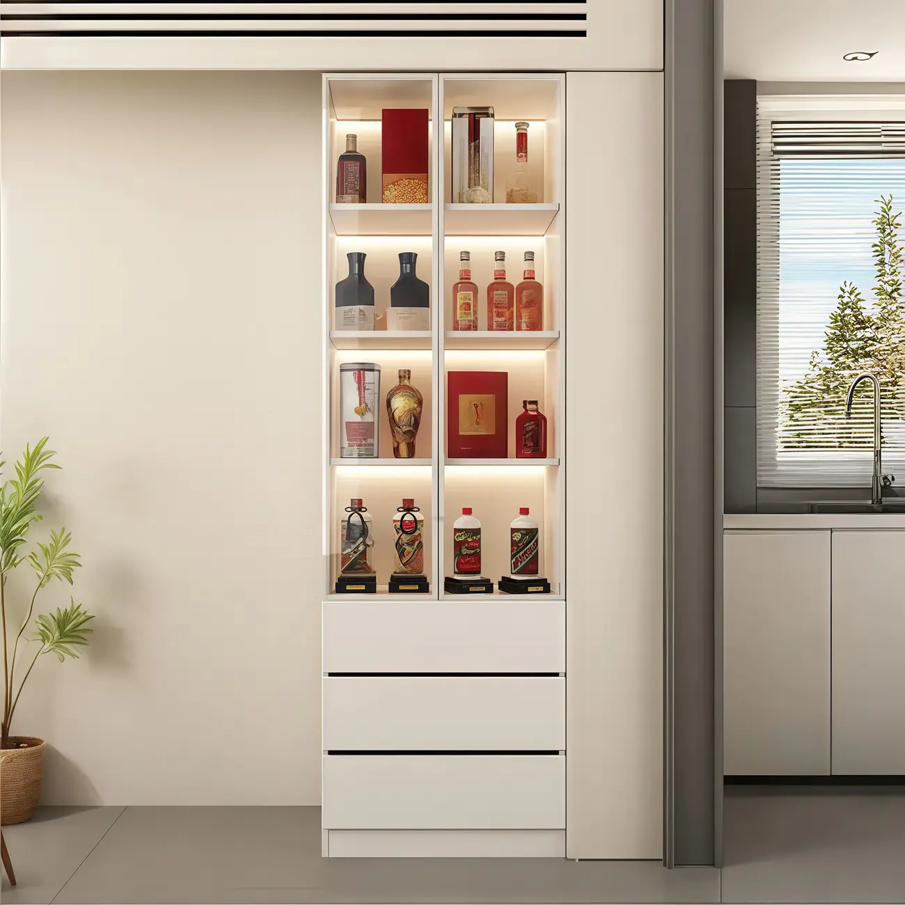 White Modern Large Wood Wine Cabinet with Glass Doors Image - 7 | homeyfad