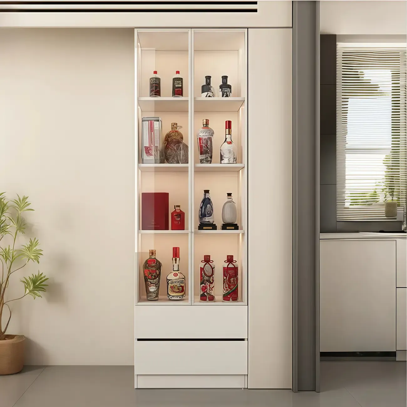 White Modern Large Wood Wine Cabinet with Glass Doors Image - 9