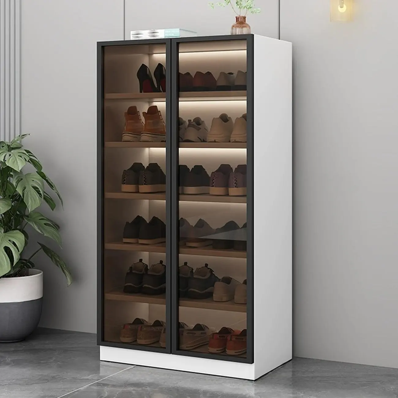 Glam Grey/White Shoe Cabinet with Glass Doors Image - 5 | homeyfad