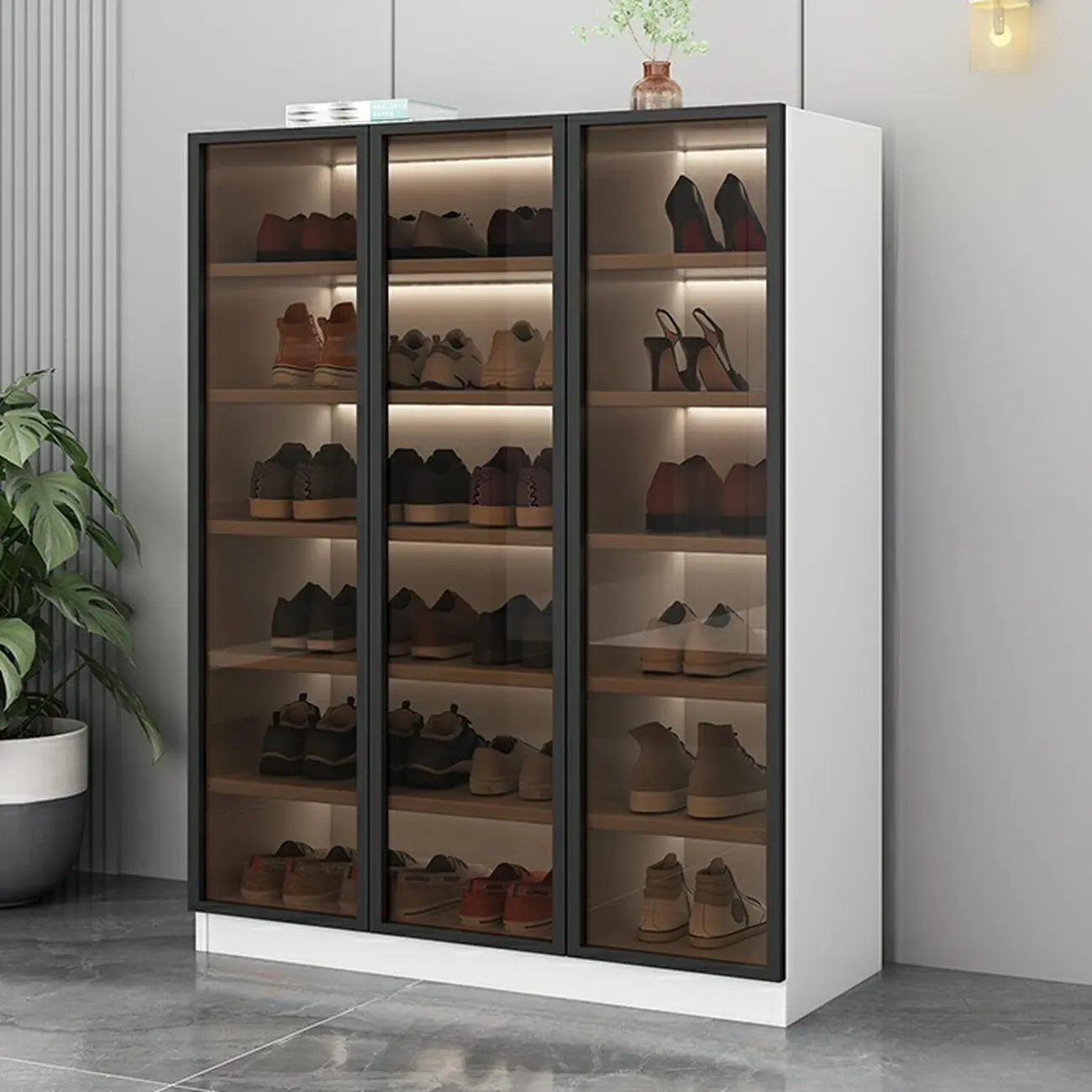 Glam Grey/White Shoe Cabinet with Glass Doors Image - 3 | homeyfad