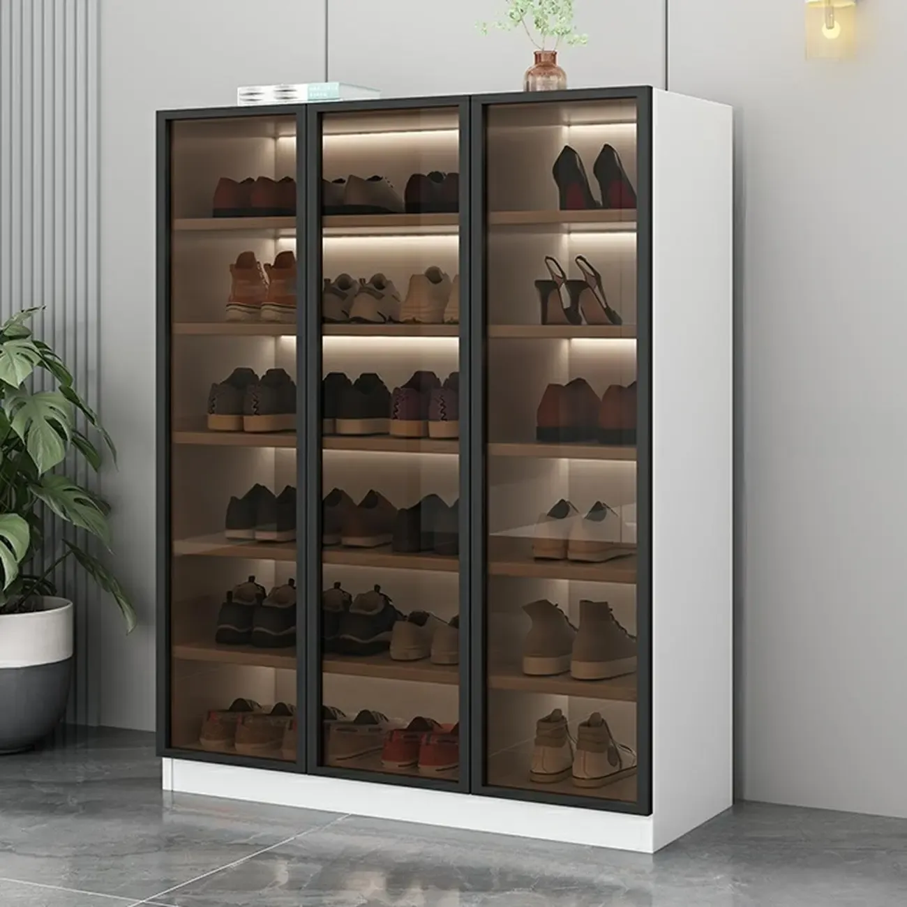Glam Grey/White Shoe Cabinet with Glass Doors Image - 3