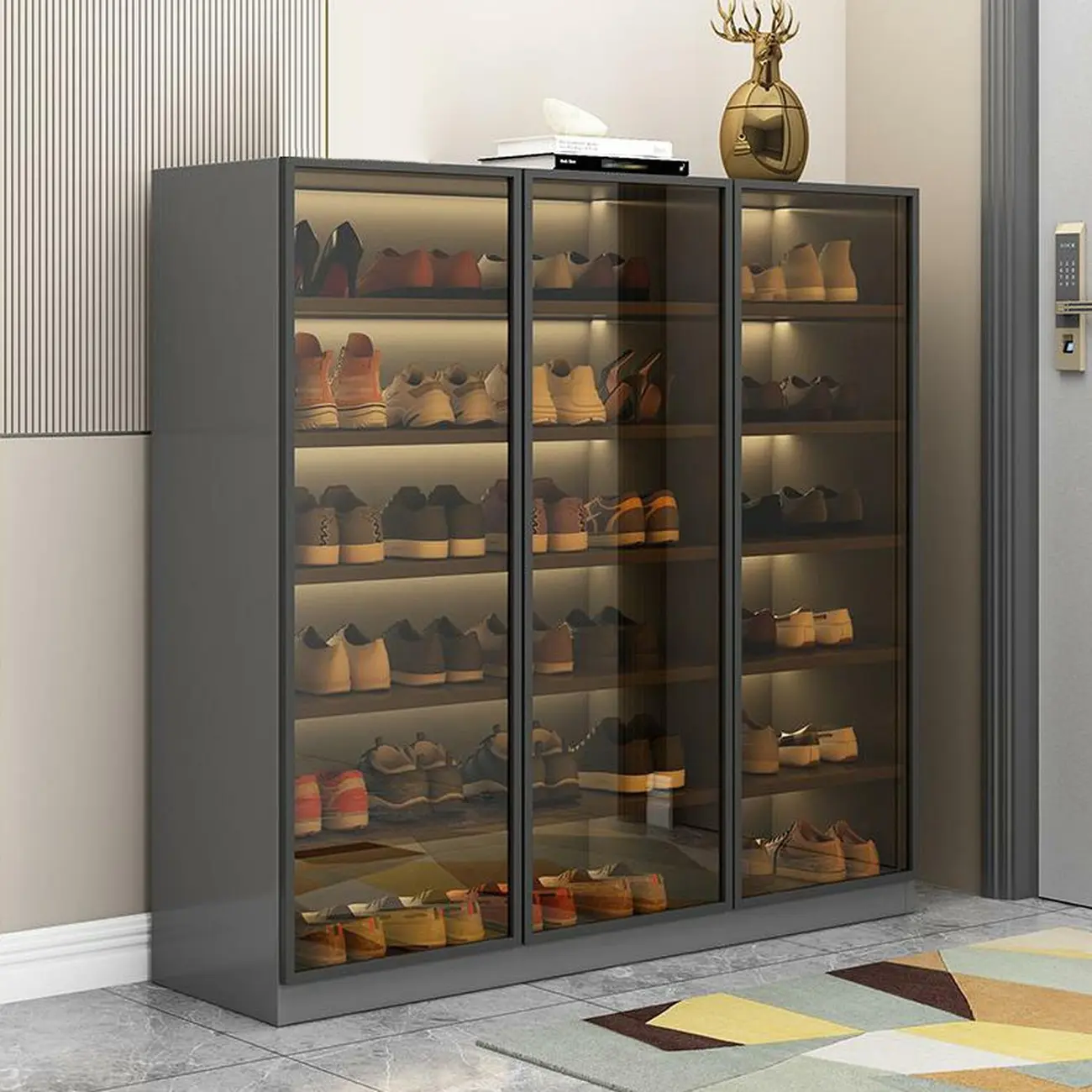 Glam Grey/White Shoe Cabinet with Glass Doors Image - 4 | homeyfad