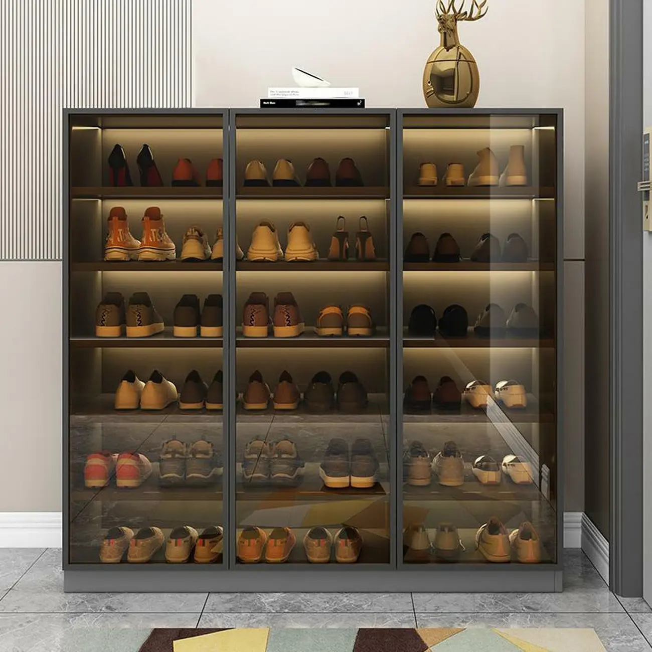 Glam Grey/White Shoe Cabinet with Glass Doors Image - 4 | homeyfad