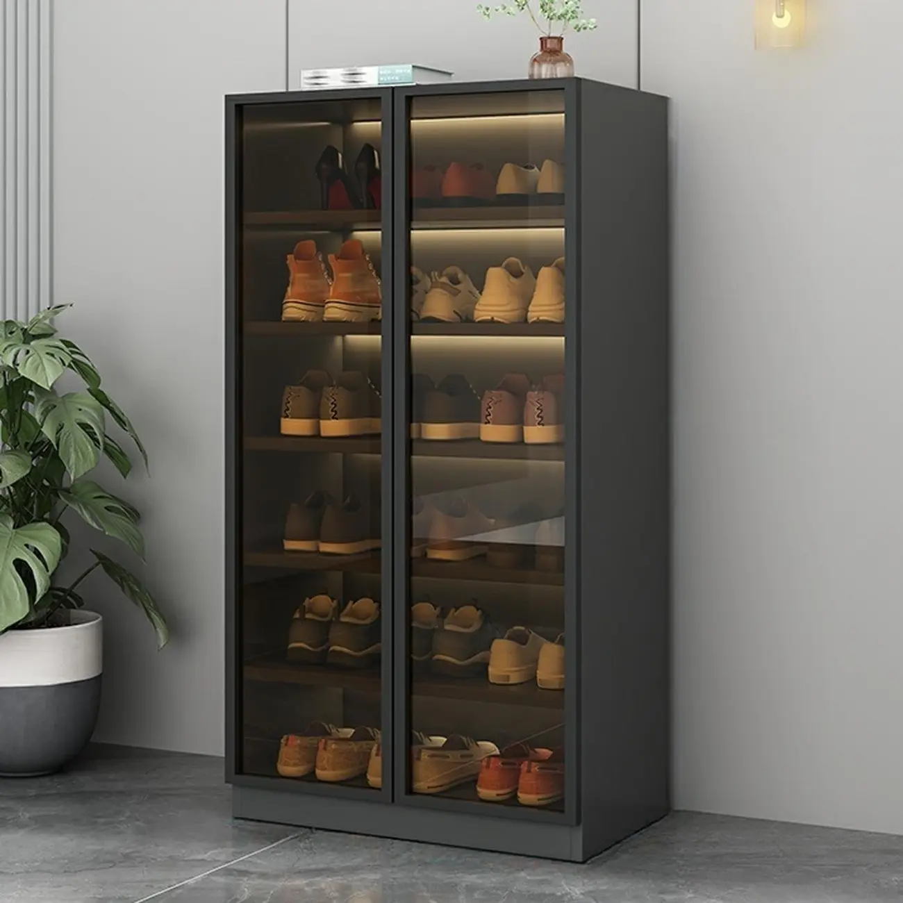 Glam Grey/White Shoe Cabinet with Glass Doors Image - 6 | homeyfad