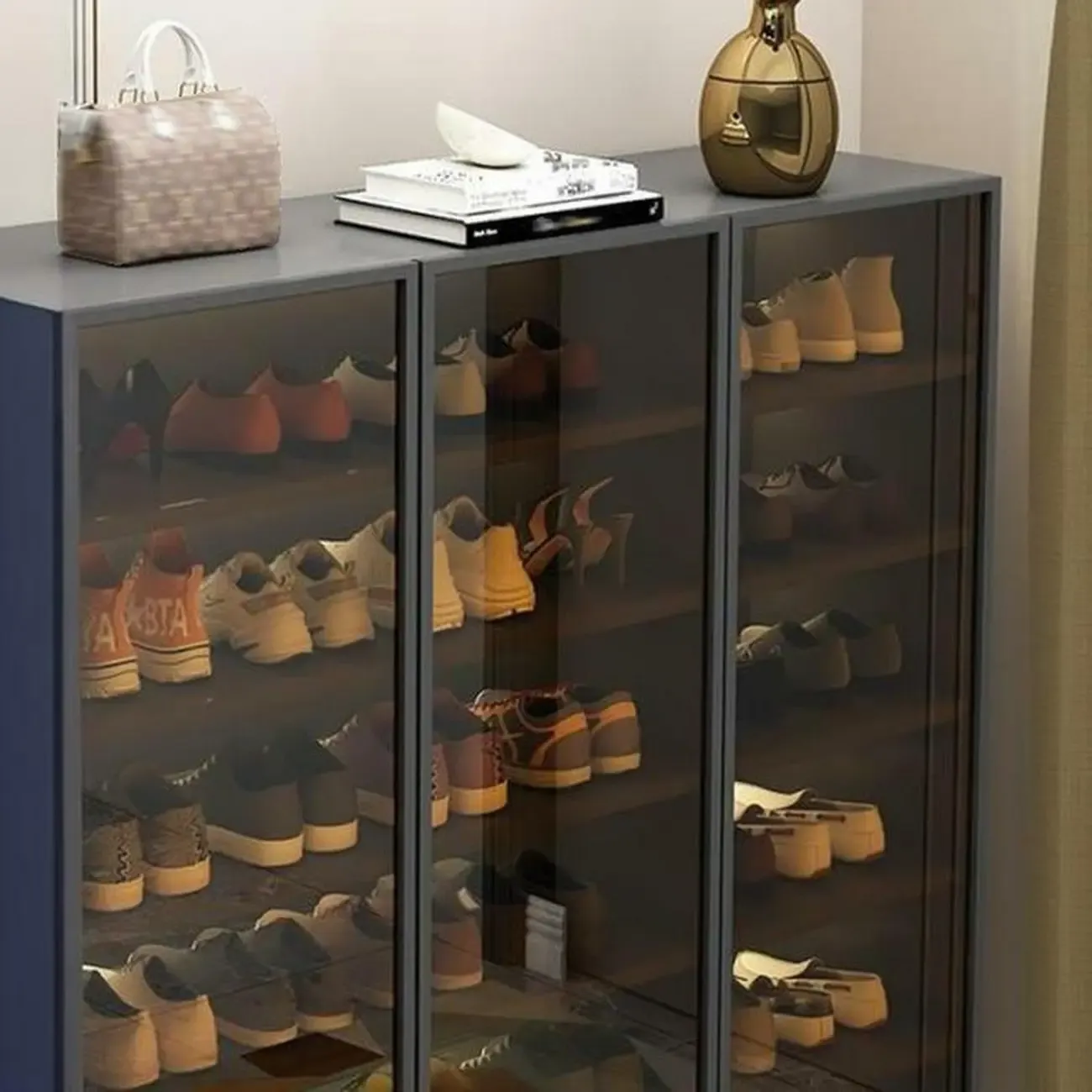 Glam Grey/White Shoe Cabinet with Glass Doors Image - 7