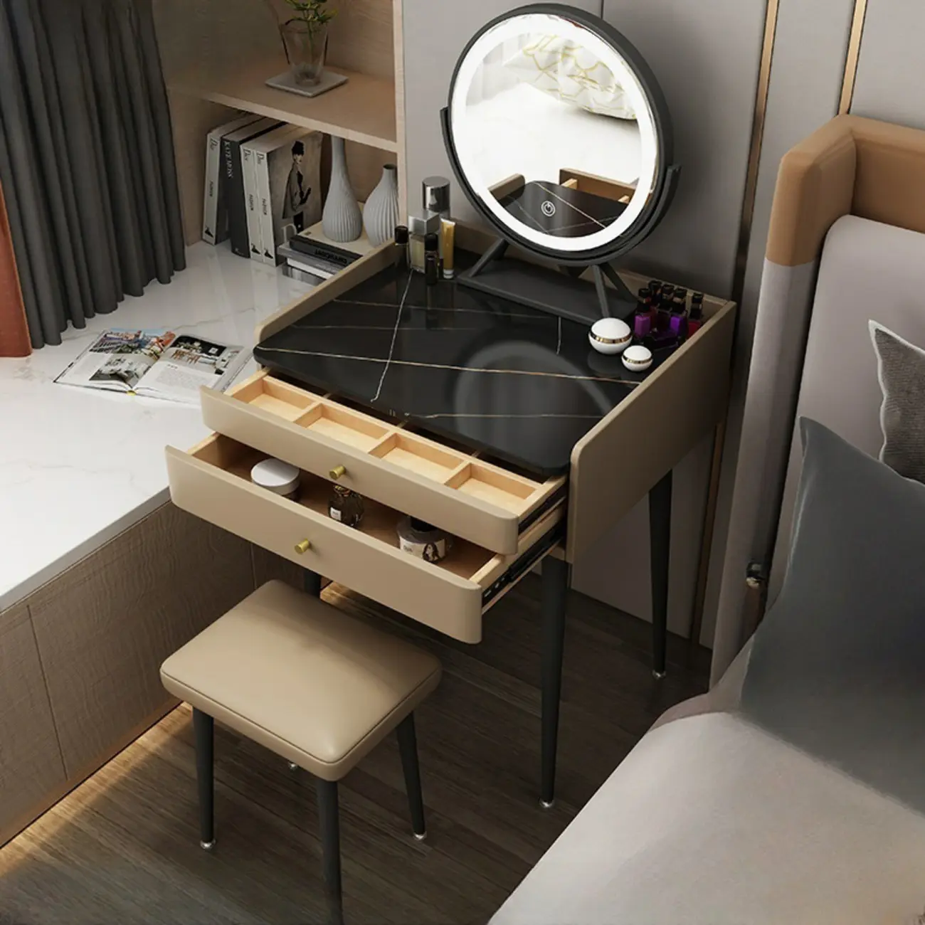 Modern Wood Mirror Off-White Makeup Vanity Image - 1 | homeyfad