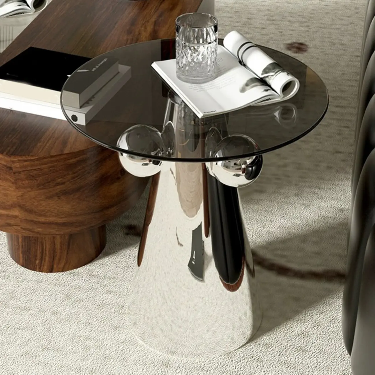 Modern Glass Top Round End Table with Silver Metal Base  Image - 2 | homeyfad