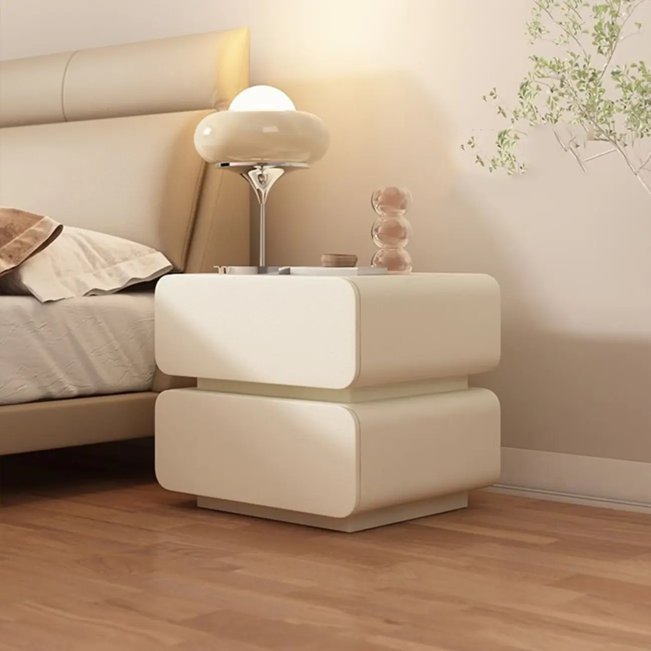 Scandinavian Off-White Pine Leather 2-Drawer Nightstand Image - 1 | homeyfad