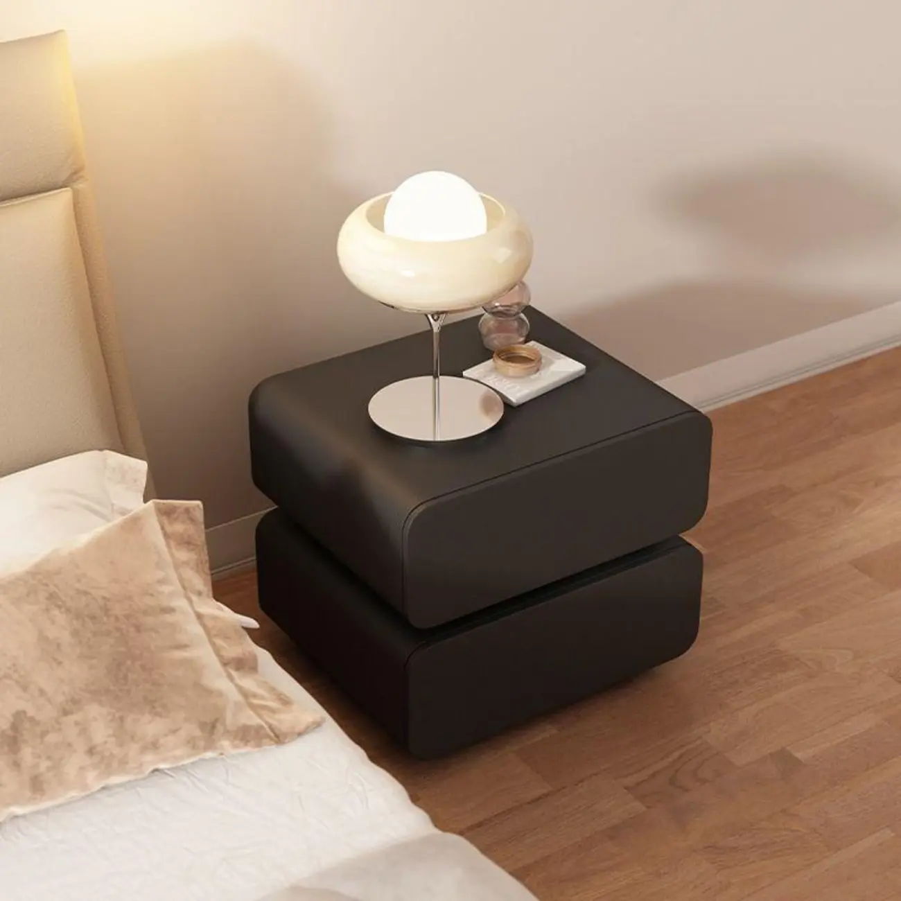 Scandinavian Off-White Pine Leather 2-Drawer Nightstand Image - 2 | homeyfad