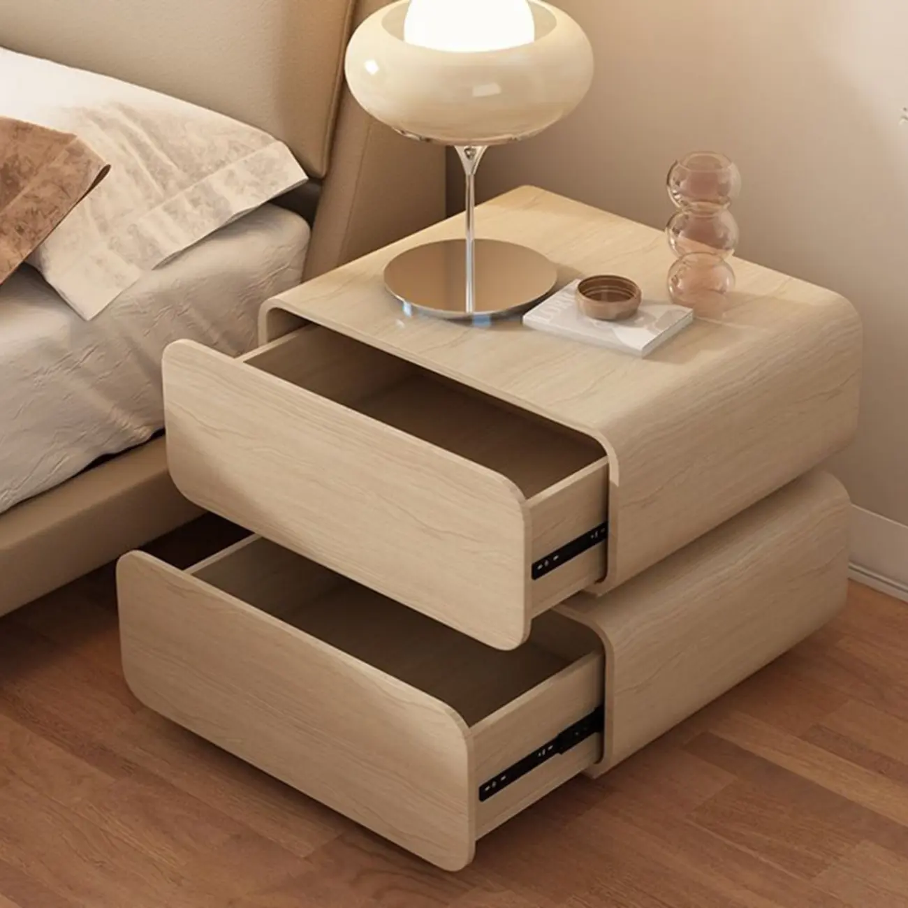 Scandinavian Off-White Pine Leather 2-Drawer Nightstand Image - 6 | homeyfad