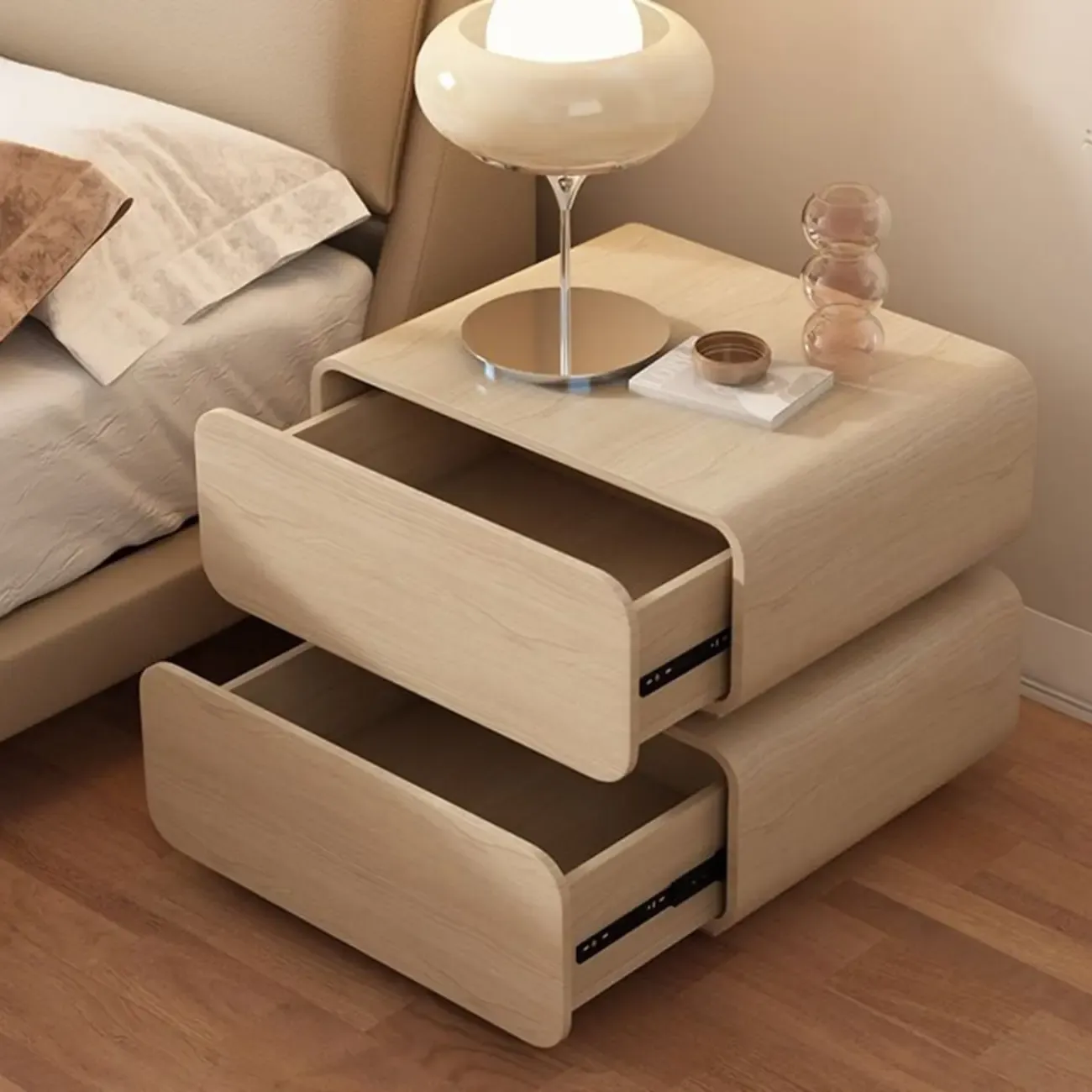 Scandinavian Off-White Pine Leather 2-Drawer Nightstand Image - 6